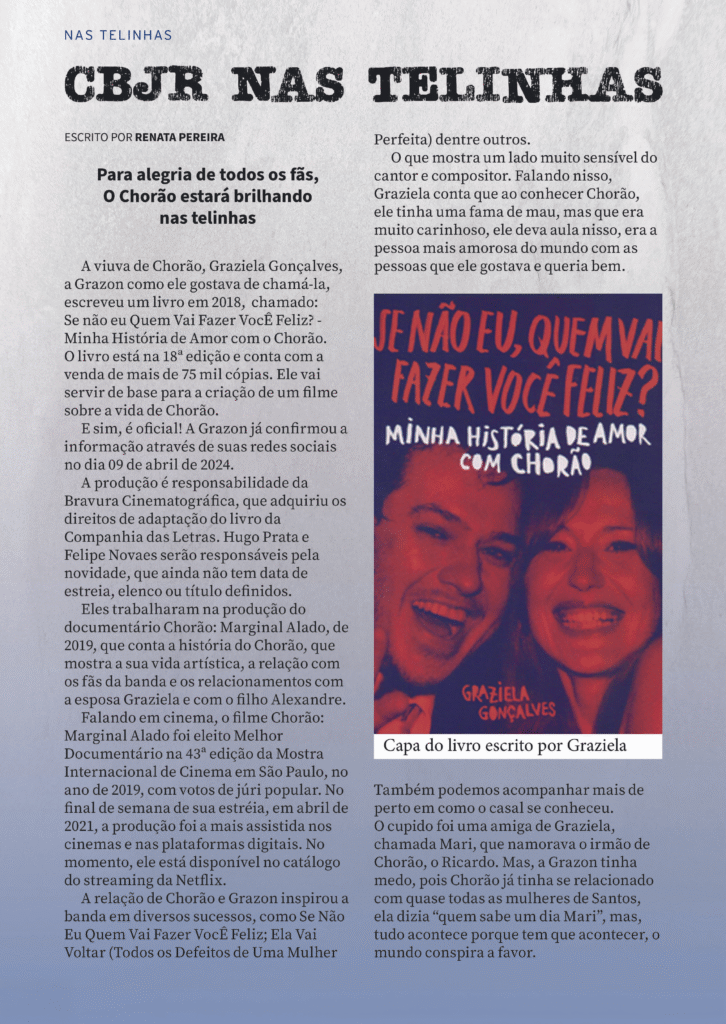 Página do fanzine Só os Loucos Sabem com arte gráfica, matéria sobre Charlie Brown Jr. e destaque para o filme inspirado no livro "Se Não Eu, Quem Vai Fazer Você Feliz?", escrito por Graziela Gonçalves.