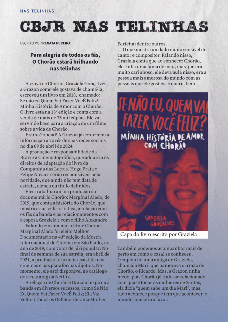 Página do fanzine Só os Loucos Sabem com arte gráfica, matéria sobre Charlie Brown Jr. e destaque para o filme inspirado no livro "Se Não Eu, Quem Vai Fazer Você Feliz?", escrito por Graziela Gonçalves.