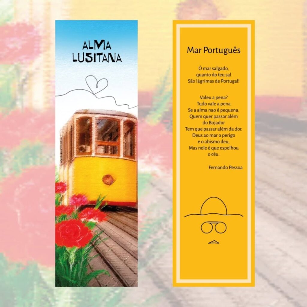 Marcador de página Alma Lusitana com elétrico, cravos e poema Mar Português de Fernando Pessoa