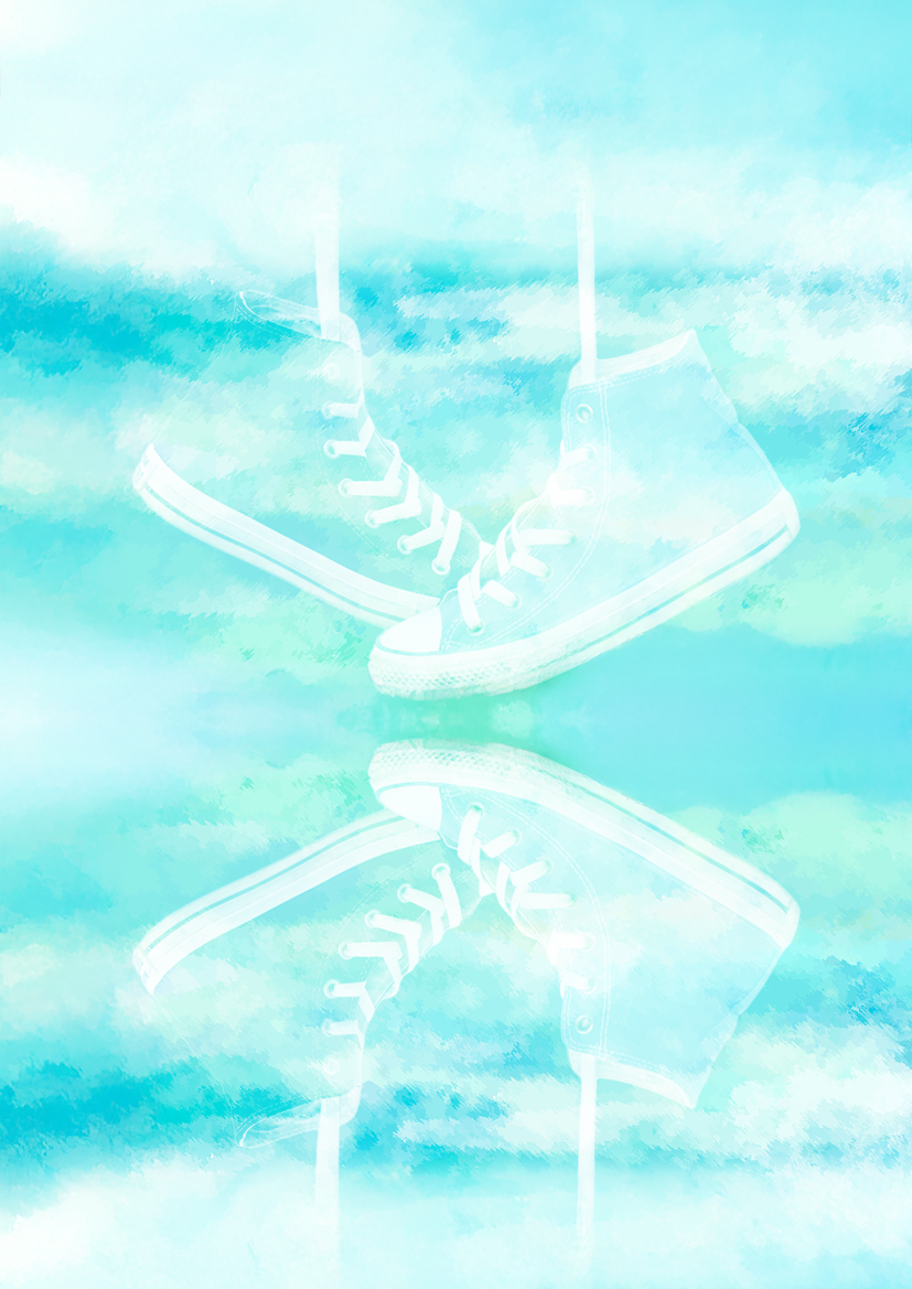 Tênis All Star em edição artística digital, refletido em tons de azul, simbolizando leveza e novas perspectivas.