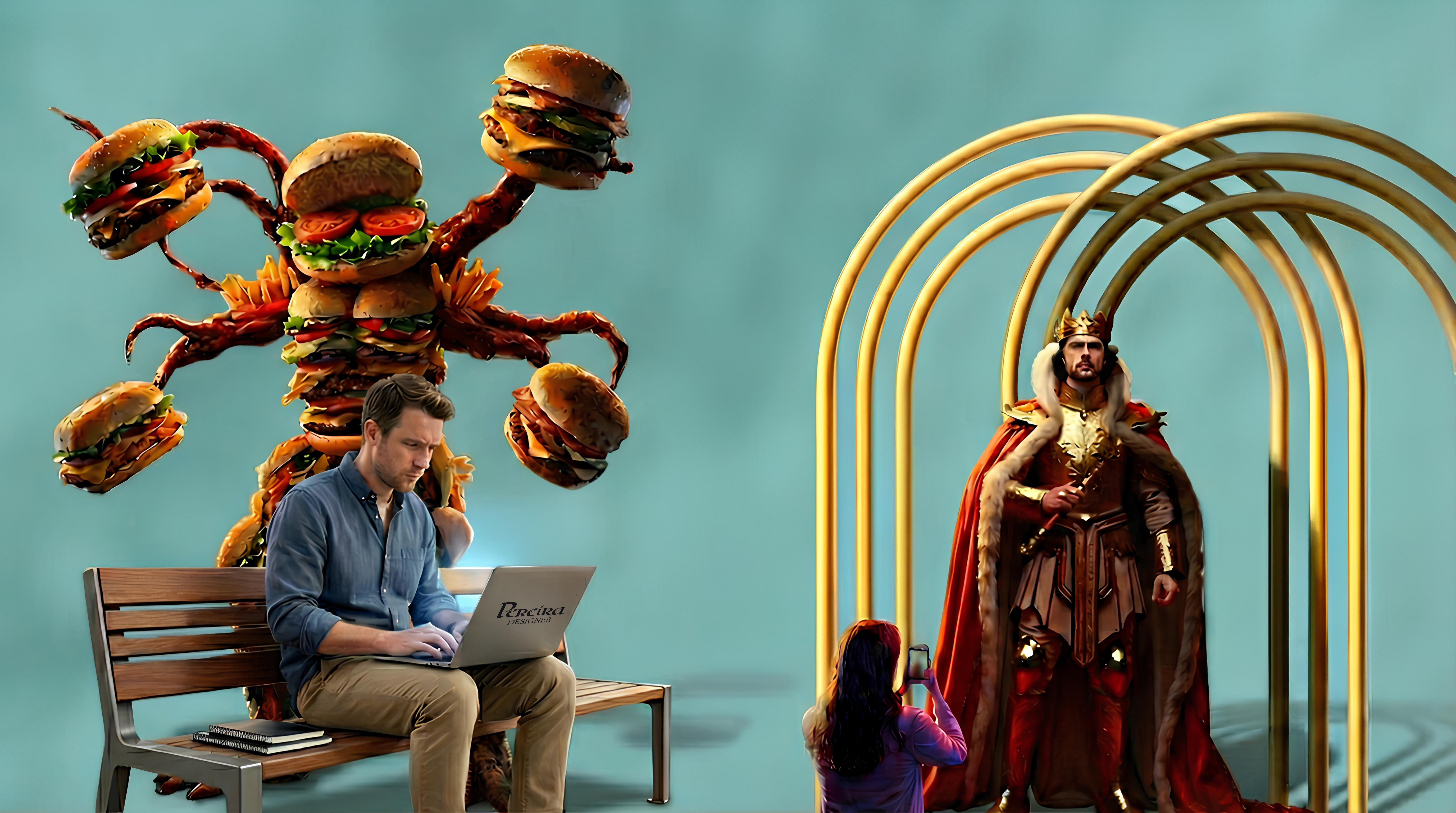 Ilustração com um monstro feito de hambúrgueres representando a série Stranger Things, um profissional de marketing no computador, os arcos dourados simbolizando o McDonald’s e um rei representando o Burger King.