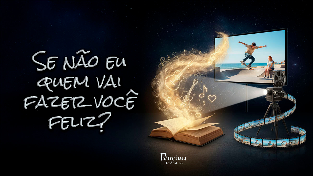 Ilustração mostrando um livro aberto emitindo luz e símbolos musicais que fluem para uma tela de cinema com um skatista, representando a adaptação do livro para filme.