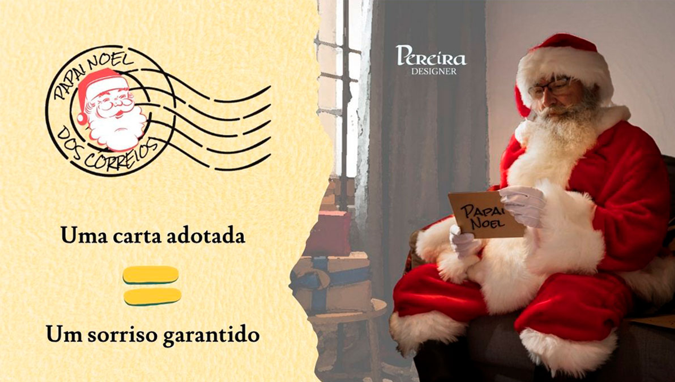 Papai Noel sentado lendo uma carta, ao lado de uma ilustração dos Correios com a frase “Uma carta adotada = Um sorriso garantido”.