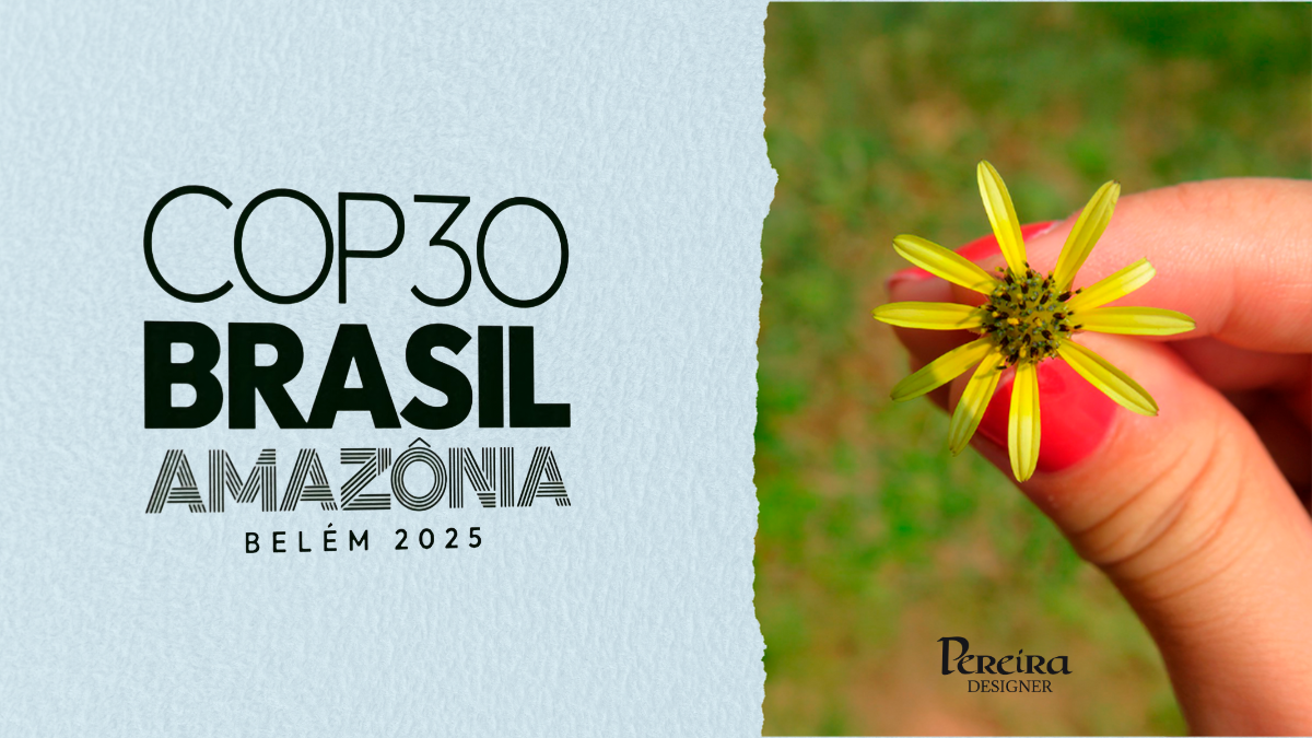 Pessoa segurando uma pequena flor amarela entre os dedos, ao lado do texto “COP30 Brasil Amazônia – Belém 2025” em um layout gráfico.