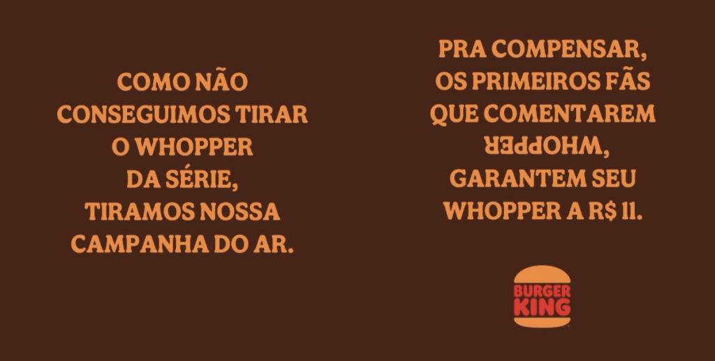 Imagem do Instagram do Burger King anunciando que retirou a campanha do ar e oferecendo Whopper por R$ 11 para quem comentar a palavra invertida. Imagem relacionada à disputa de marketing entre Burger King, McDonald’s e Stranger Things.