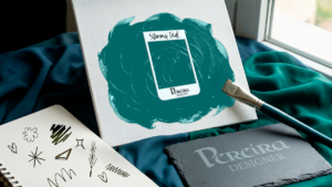 Imagem de uma tela com pinceladas na cor verde-azulada Stormy Teal, representando uma das cores da paleta de cores da Pereira Designer. Ao centro, um cartão com o nome da cor e, ao lado, um pincel e elementos criativos que simbolizam processo criativo, identidade visual e expressão artística.