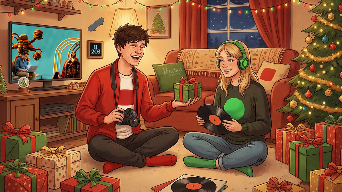 Ilustração de duas pessoas trocando presentes numa sala decorada para o Natal, enquanto ouvem música em vinil e assistem sobre o marketing de Mc Donald's e Burguer King para Stranger Things na TV. A cena representa a integração entre cultura digital, música e conexões humanas no fim do ano.