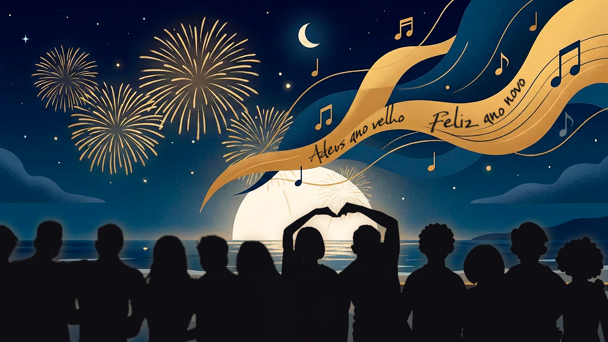 Ilustração de Réveillon com pessoas observando fogos de artifício à beira-mar, notas musicais no céu e a frase “Adeus, ano velho, Feliz Ano Novo”, simbolizando a virada do ano no Brasil.