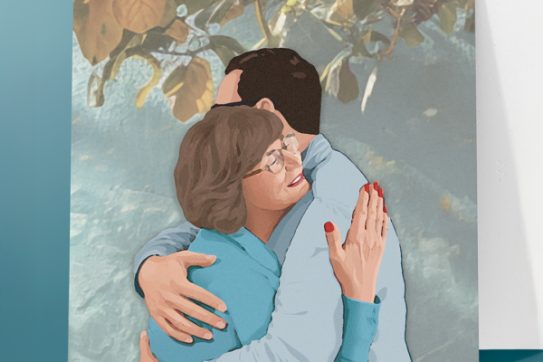 Azulejo decorativo personalizado com mãe e filho em um abraço afetuoso, simbolizando cuidado, vínculo familiar e amor.