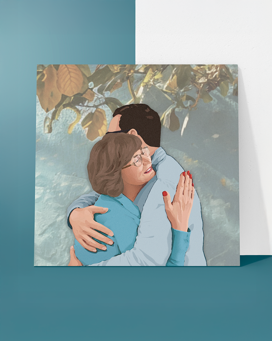 Azulejo decorativo personalizado com mãe e filho em um abraço afetuoso, simbolizando cuidado, vínculo familiar e amor.