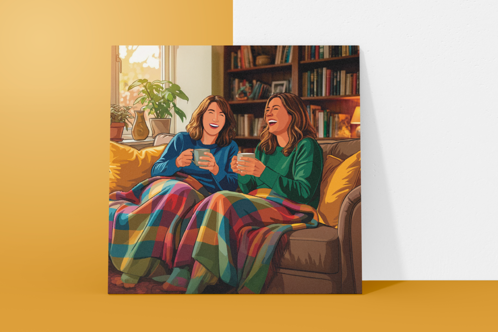 Azulejo decorativo personalizado com duas amigas sentadas no sofá, rindo e conversando, representando amizade, aconchego e momentos compartilhados.