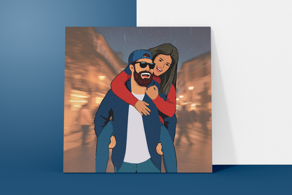Azulejo decorativo personalizado com casal em um momento descontraído, representando companheirismo, amor e conexão.