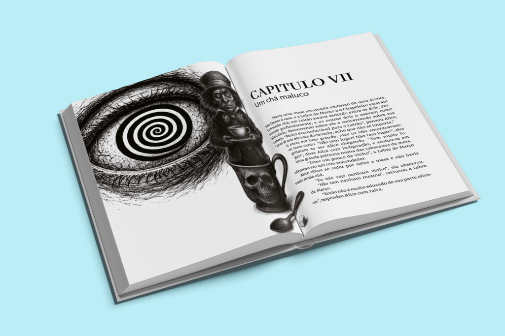 Livro Alice no País das Maravilhas aberto no capítulo “Um chá maluco”, com ilustrações do Chapeleiro e de um olho com espiral.