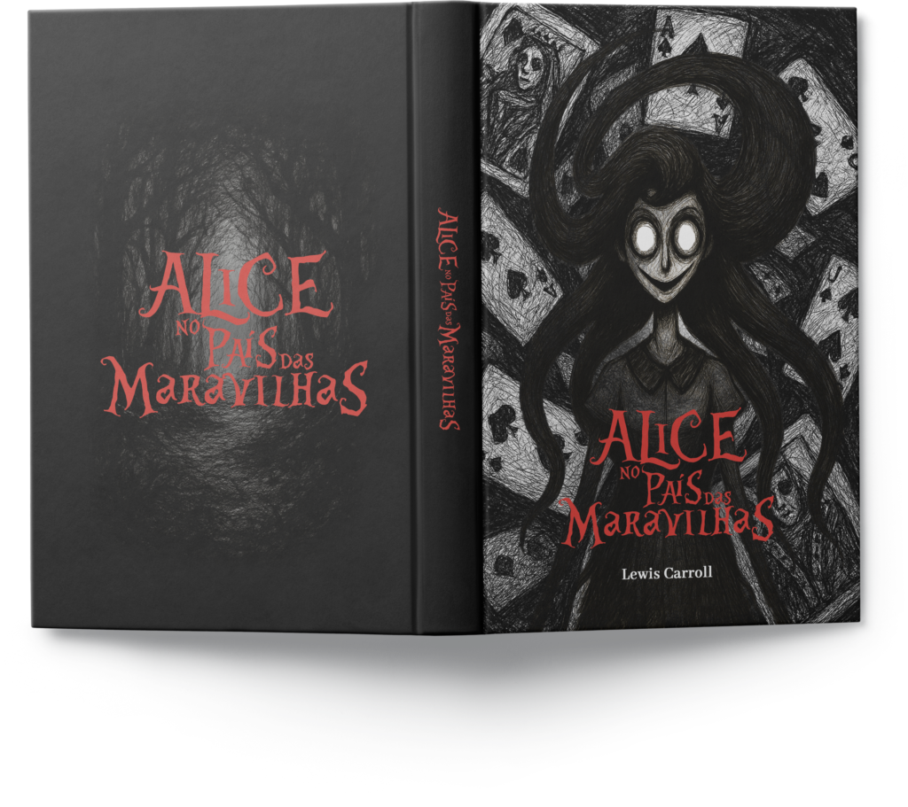 Capa, lombada e contracapa de Alice no País das Maravilhas, com ilustrações sombrias em preto e branco e título em vermelho.
